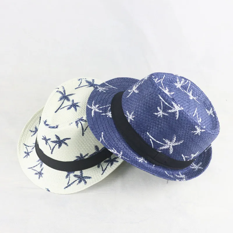 Adult / Child Linen Woven Jazz Straw Hat Men Women Coconut Tree Pattern Sun Hat Summer Beach Travel Sunscreen Ribbon Hat U27