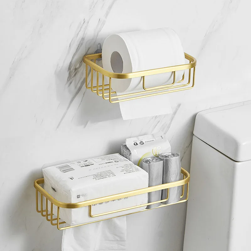 Free nail Bathroom Roll Holder Hotel Toilet Paper Brushed gold Shampoo Hollow Out Rack Wall Towel Storage Basket Bathroom shelf