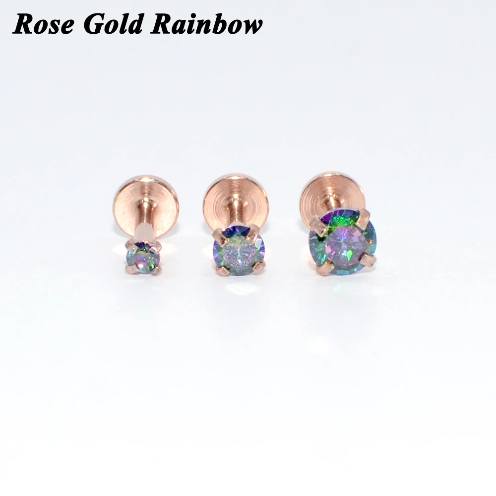 3PCS Mix Size Internally Threaded  Prong Round Opal Zircon Labret  Stud Ear Tragus Cartilage Earring Lip Ring Piercing Jewelry