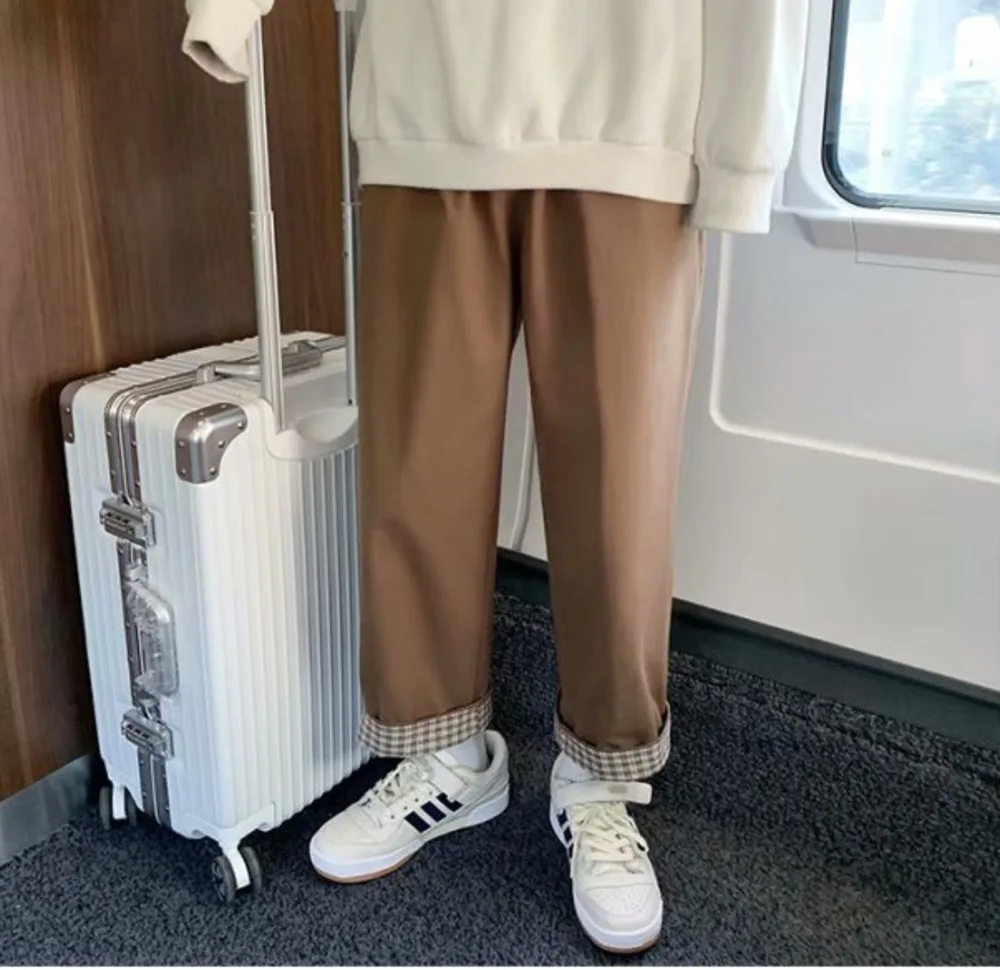 

Flanging Plaid casual pants men's Harajuku style straight tube loose fashion brand trend versatile drop feeling wide leg pants
