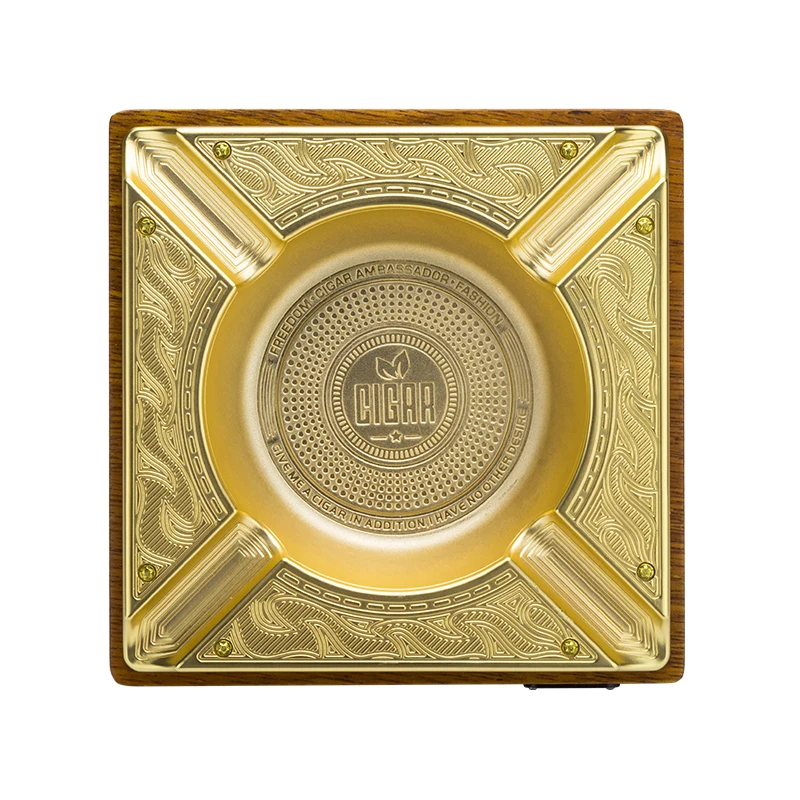 LUBINSKI NEW Luxury Gold Wooden Cigar Ashtray Hold 4 Cigars Decorative With Gift Box Office Living Room Square Ashtrays CA-053