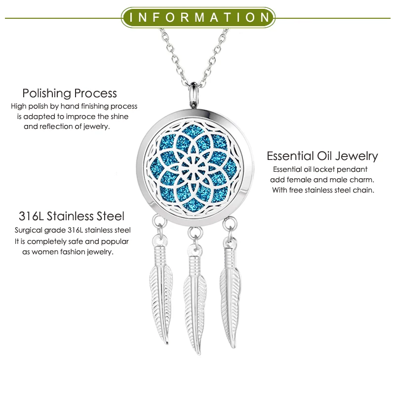 316L Stainless Steel Dreamcatcher Essential Oil Diffuser Locket Pendant Aromatherapy Diffuser for Women Jewelry