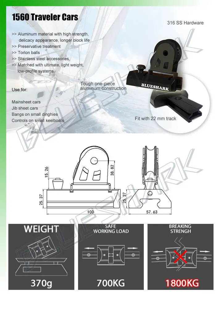 22mm Aluminum Traveler Track Car With 40mm Block Marine Sailboat Hardware 1560