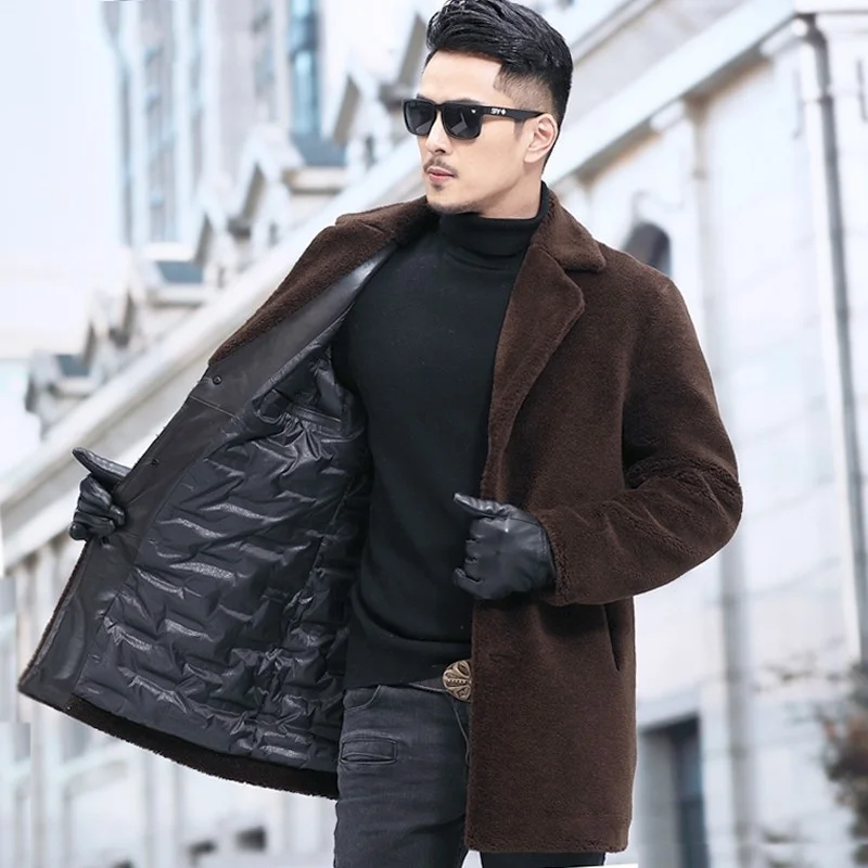 Winter 2022 Business Casual Wool Cashmere Coat Mens Lapel Single Breasted Slim Fit Real Fur Down Jacket Fashion Outerwear Male