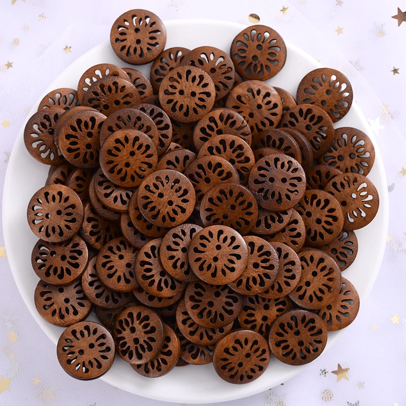 18mm 30Pcs Hollow Chrysanthemum Shape Wooden Buttons Cute Round Dark Brown Pattern Buttons For Clothes DIY Garment Accessoies