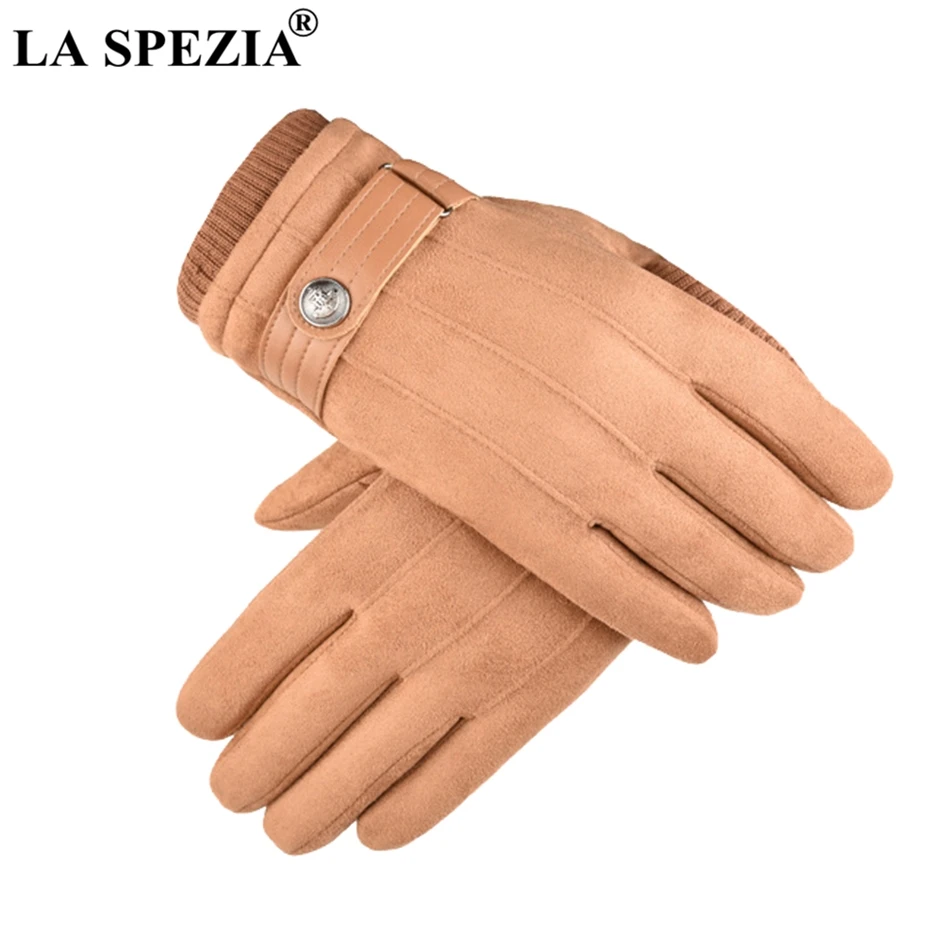 LA SPEZIA Winter Gloves Men Thermal Khaki Suede Gloves With Buckle Touch Screen Male Coral Velvet Thick Windproof Mittens Warm