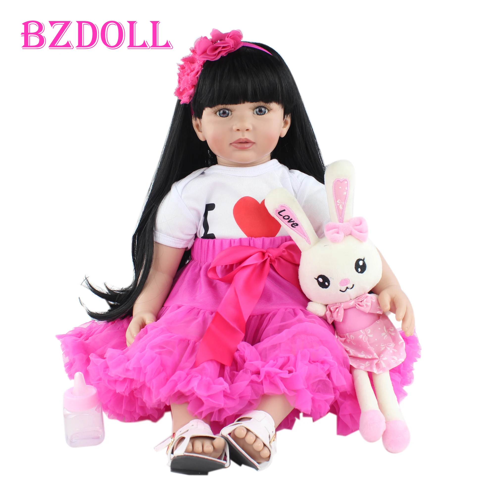 

BZDOLL 60cm Soft Silicone Reborn Toddler Doll Toy For Girl 24 Inch Black Long Hair Princess Toddler Baby Lovely Birthday Gift