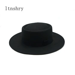 Winter Simple Fashion Wide Brim Vintage Wide Fedoras Hats for Women Solid color Flat top Black ribbon Casual Panama Jazz cap