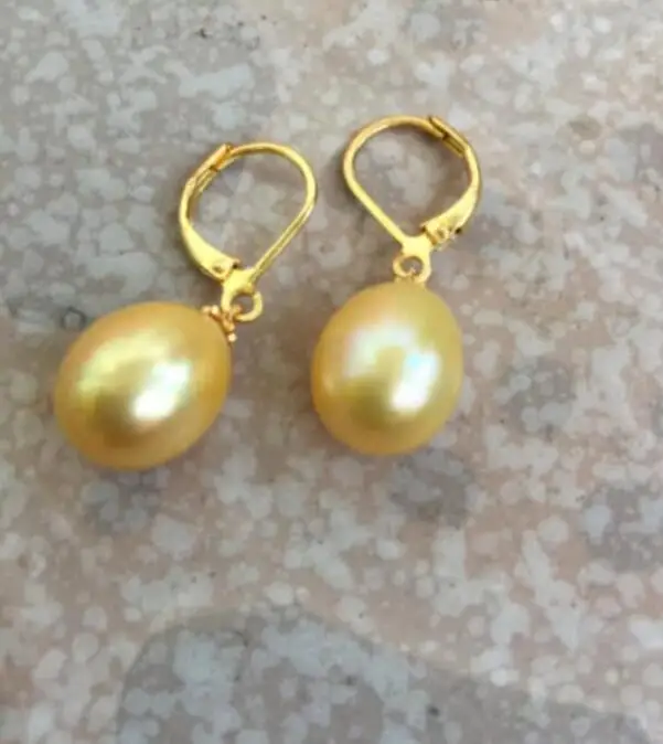 Pair Of huge 9-10mm south sea baroque gold pearl earring 14k free shipping