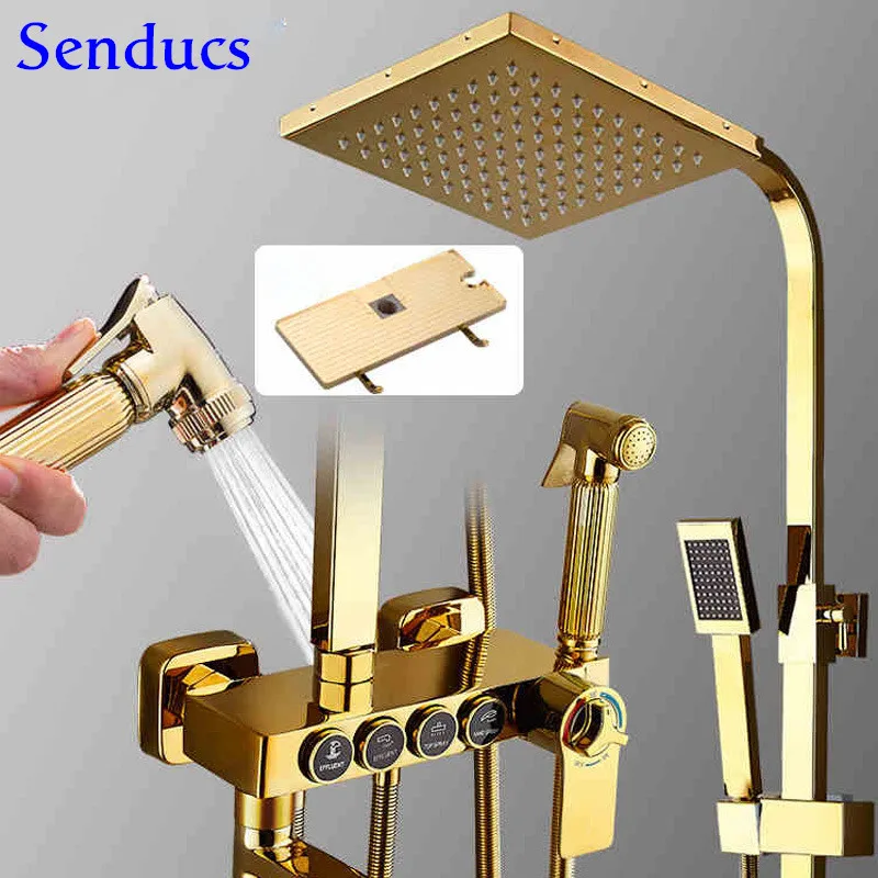 Thermostatic Shower Set of Four Function Bathroom Gold Shower System Copper Bathtub Mixer Faucet Rainfall Bathroom Shower Set