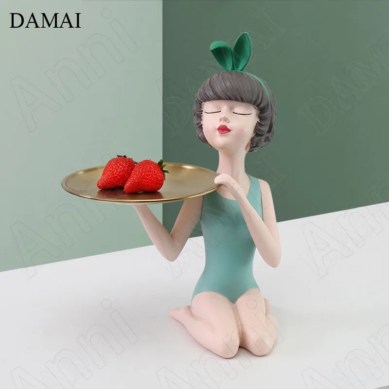 

Creativity Bunny Girl Decorative Figurine Living Room Coffee Table Desktop Storage Ornaments Cartoon Resin Character Sculpture