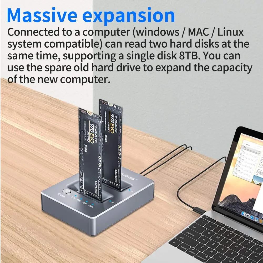 Acasis Clone Dual Bay M.2 NVME USB3.0 External Hard Driver 10Gbps Excellent Dissipation PCIE Reader for Windows/Mac/Linux Laptop