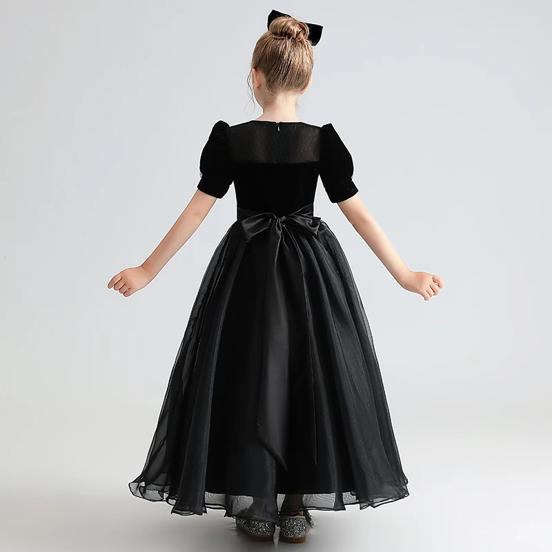 Dideyttawl Puff Sleeves Girls Dresses Black Junior Concert Birthday Party Gown Corduroy Tulle Junior Bridesmaid Dresses