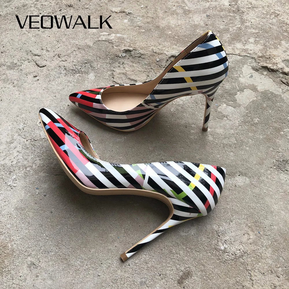 

Veowalk Zebra Stripe Printed Women Pointed Toe High Heels Ladies Fashion Stileeto Pumps Sexy Club Party Shoes 8 10 12cm Heels