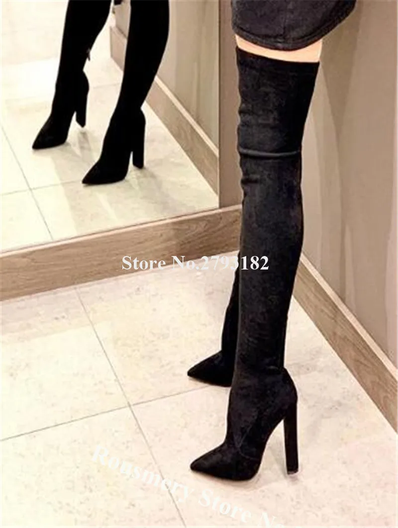 Brand Design Women Sexy Suede Leather Over Knee Chunky Heel Boots Banded Black Beige Long Thick High Heel Boots Club Dress Shoes