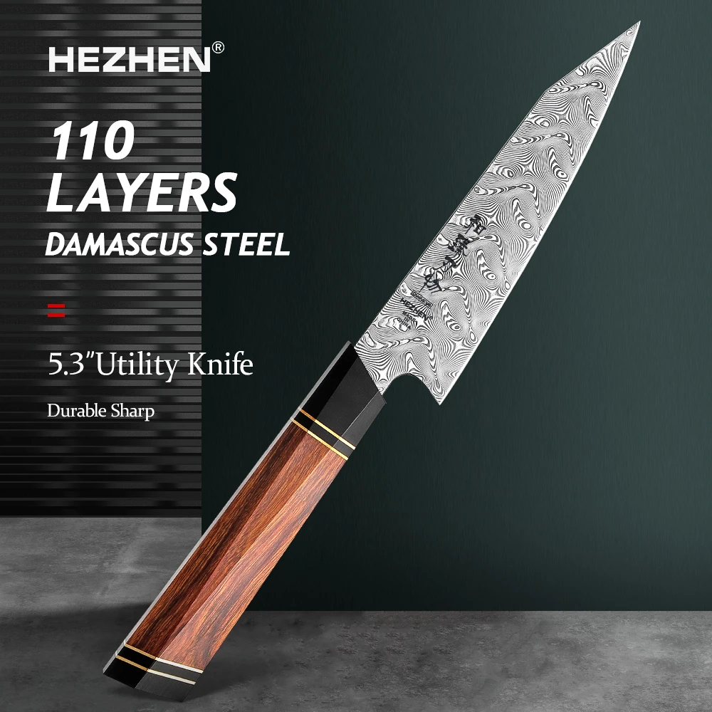 HEZHEN 124mm Utility Knife 110-Layer Damascus Super Steel 5.3 Inches Utility High quality North America Desert Ironwood Handle