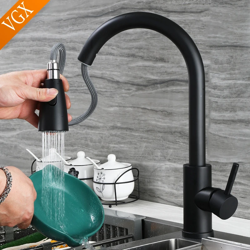 VGX Kitchen Faucet, Sink Tap with Pull Down Sprayer, 360° Hot&Cold Water Mixer, Basin Taps S.s 304 Brushed  Matt Black F608-201