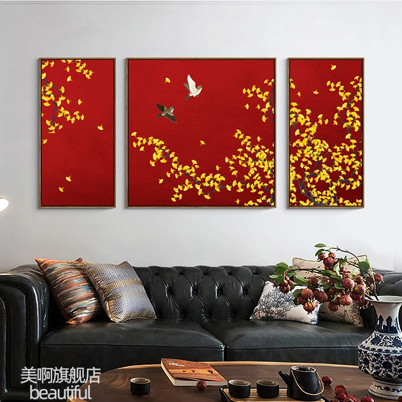 EECAMAIL DIY Diamond Painting Full Diamond Embroidery Chinese Style Ginkgo Leaf Flower Bird Triptych Hanging Painting No Frame