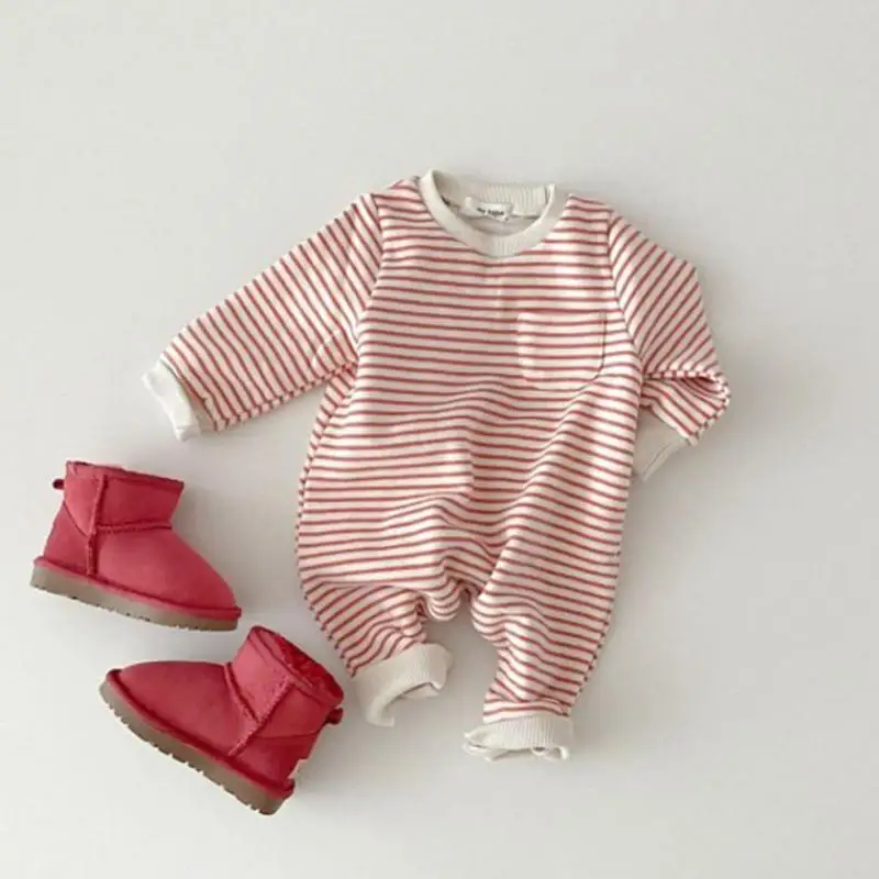 Newborn Baby Striped Romper Spring Infant Boys Girls Casual Jumpsuit Toddler Kids Fleece One-piece Babies Warm Winter Clothes