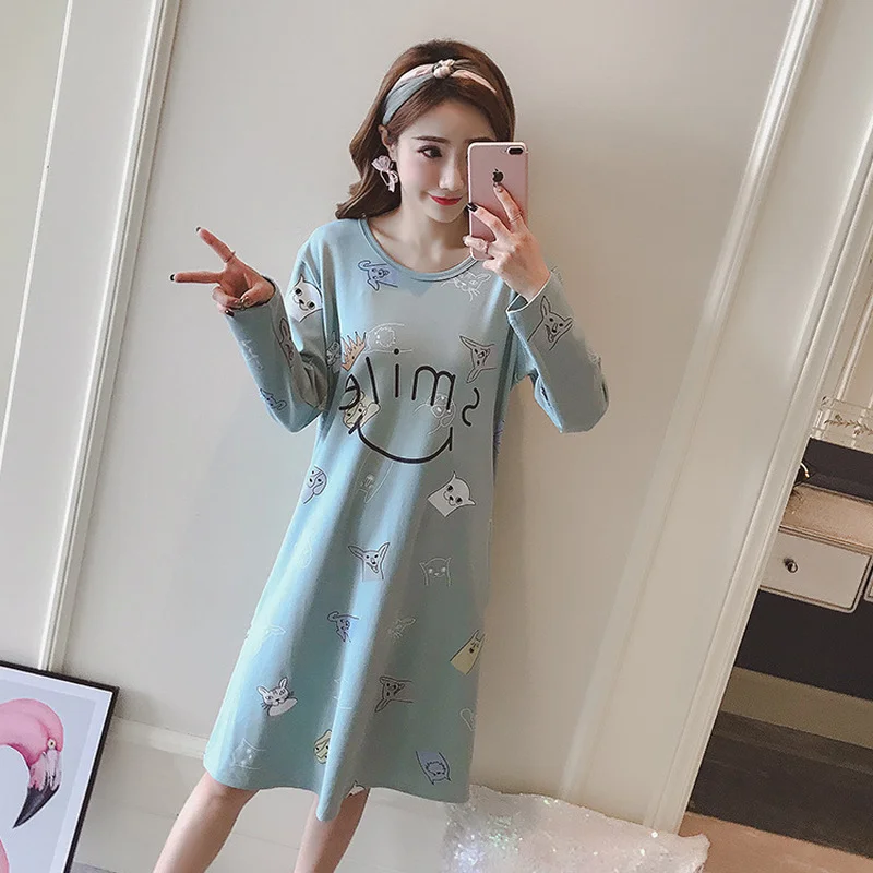 Ladies sweet autumn new home clothes cotton long-sleeved cartoon nightdress casual nightdress cute nightdress cool breathable