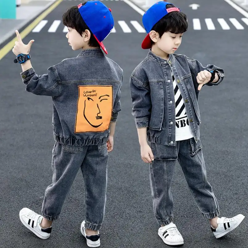 Boy Denim Suit 2020 Spring And Autumn New Style Big Boy Korean-style Autumn Clothes Kids' Overcoat TrousersTwo-Piece Set 3-12Y