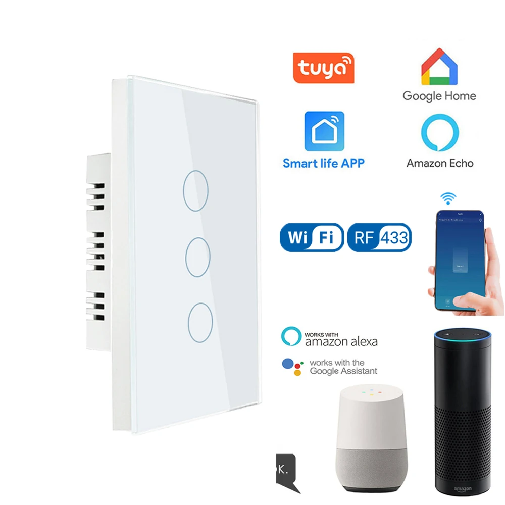 

1/2/3/4 Gang Smart Switch US Standard Tuya WiFi Smart Wall Switch No Neutral Wire Required Works With Alexa Google Home