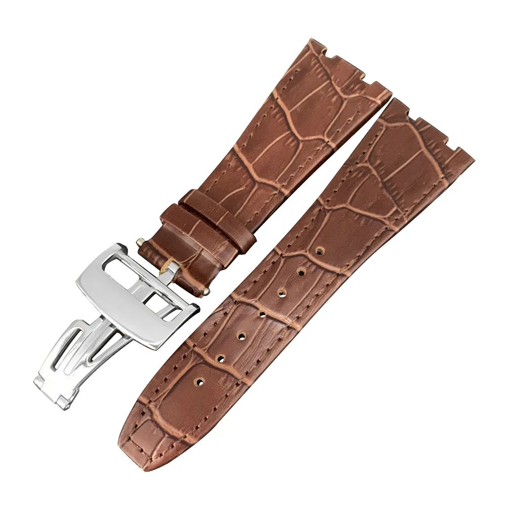 High quality negenuine leather watchband double line strap for AP WATCH band 26mm with stainless steel folding clasp black