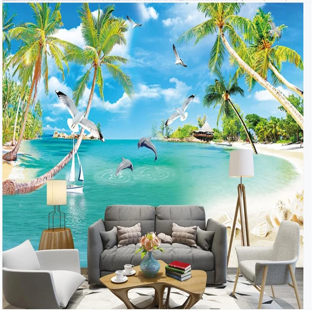 Sea beach coconut tree landscape wallpapers background wall decorative painting  3D Window Curtains For Living Room Bedroom