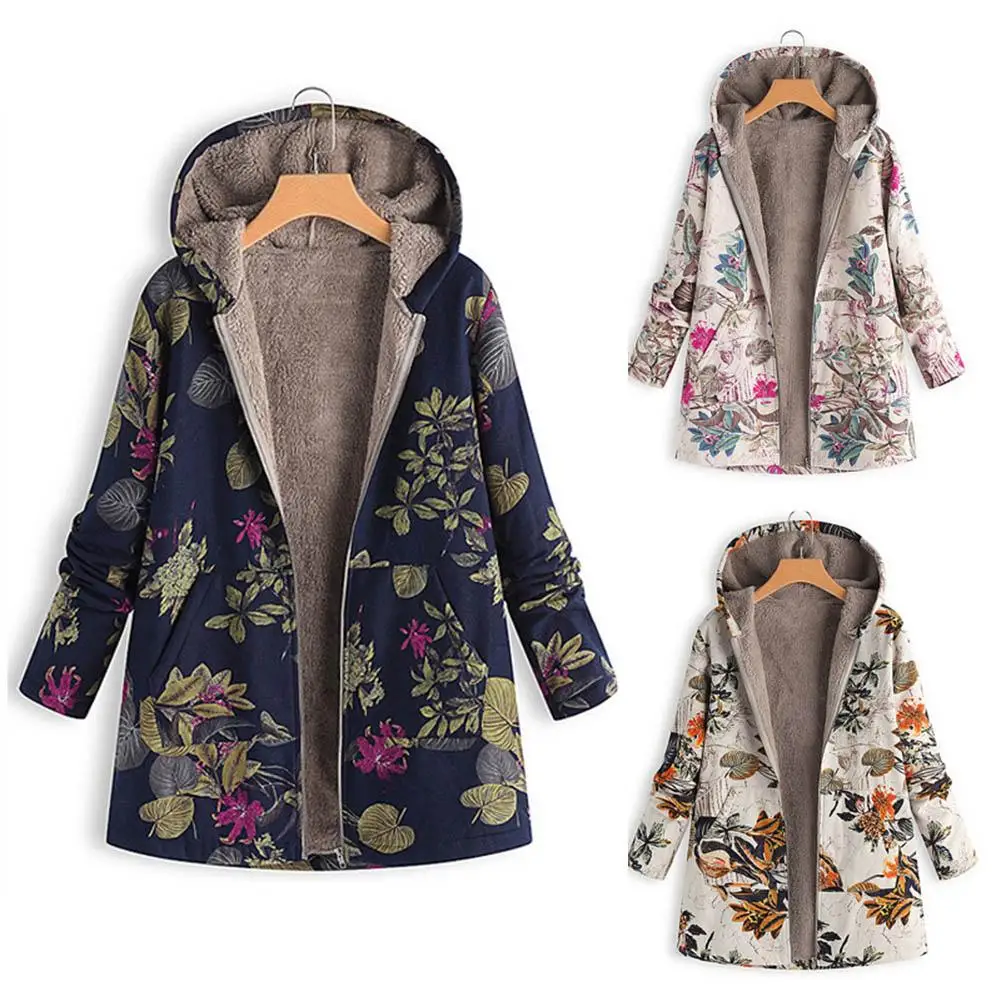 Flower Leaf Printed Women Autumn Winter Warm Hooded  Coat Zipper Overcoat