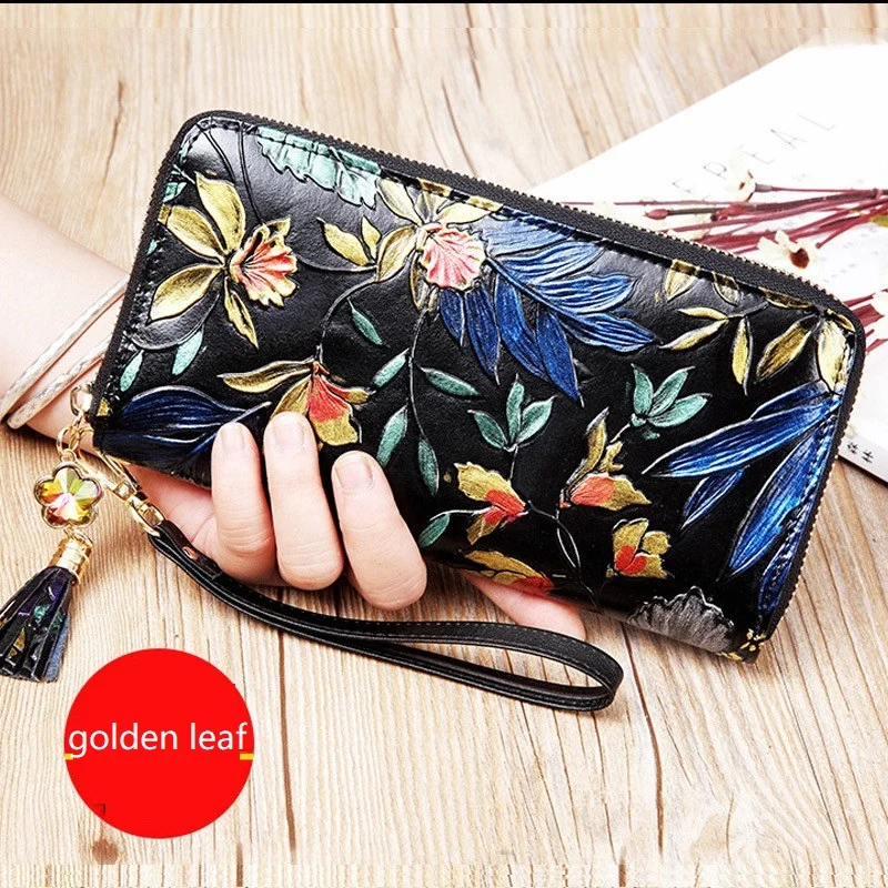 Genuine Leather Wallet Women Large Capacity Card Holder Purse Floral Womens Leather Wallets Long Female Coin Purse