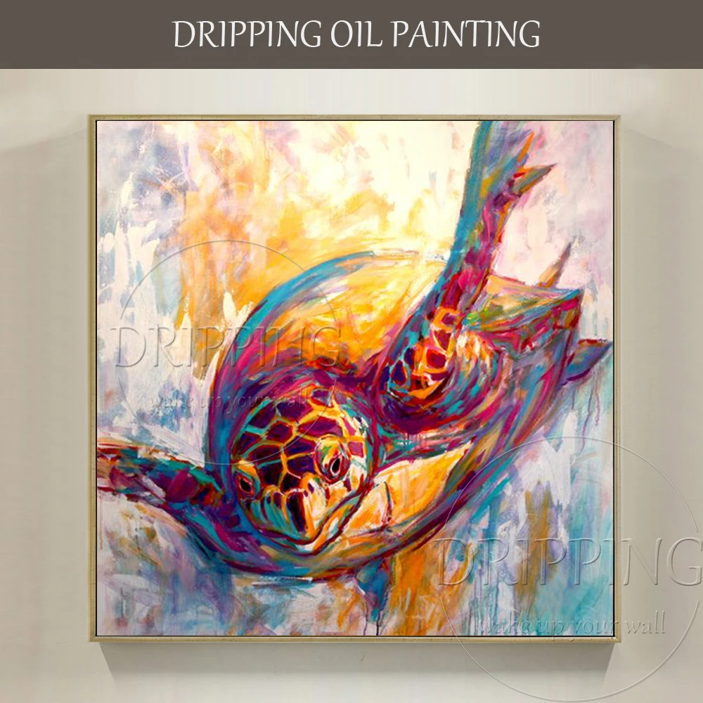 Skilled Artist Hand-painted High Quality Impressionist Aquatic Animal Turtle Oil Painting on Canvas Swimming Turtle Oil Painting