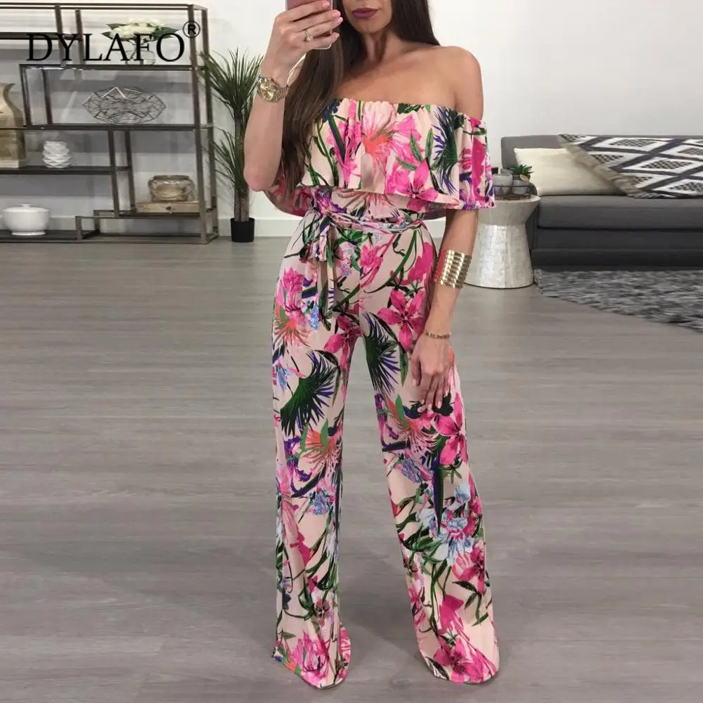 2020 Bohemian Floweral Print Lace Up Jumpsuits&Rompers Off Shoulder Plus Size Women Jumpsuit Summer Beach Sexy Jumpsuit Overalls