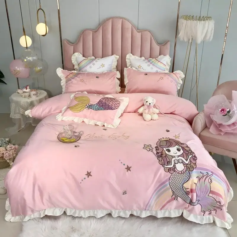 Rainbow Mermaid Embroidery Ruffle Duvet Cover Bed Sheet Pillowcases Pink Satin Cotton Children Gift Bedding Set Home Textile