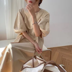 2024 New Women Summer Beige Long Simple Dress Vintage Puff Sleeve Loose Waist Pullover Maxi Sundress