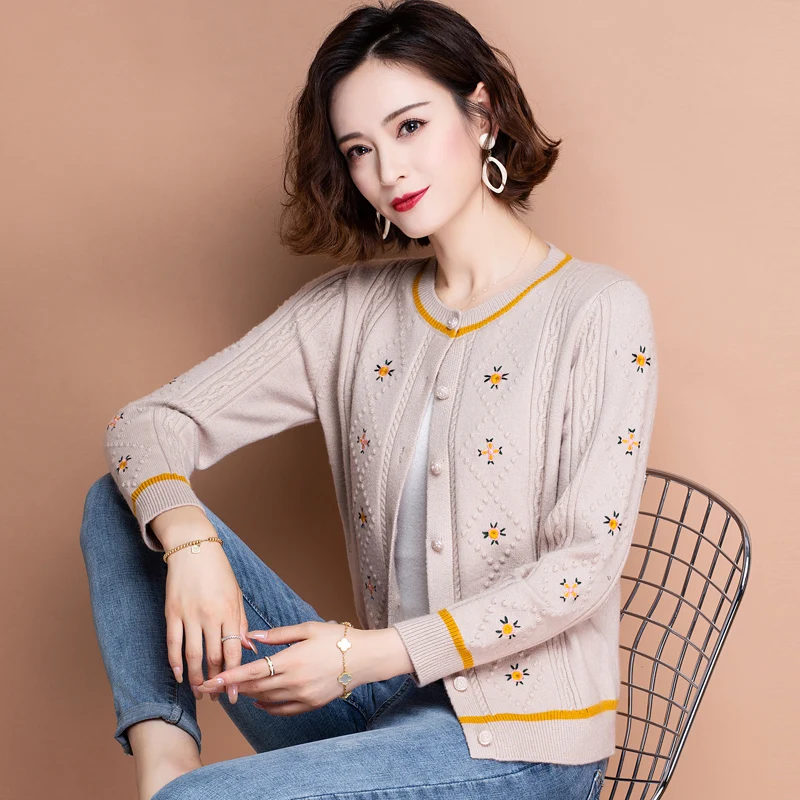 

Fashion Cardigan Women's Cardigan 2020 Spring and Autumn New Knitted round Neck Outdoor Embroidered Women's Sweater H00209