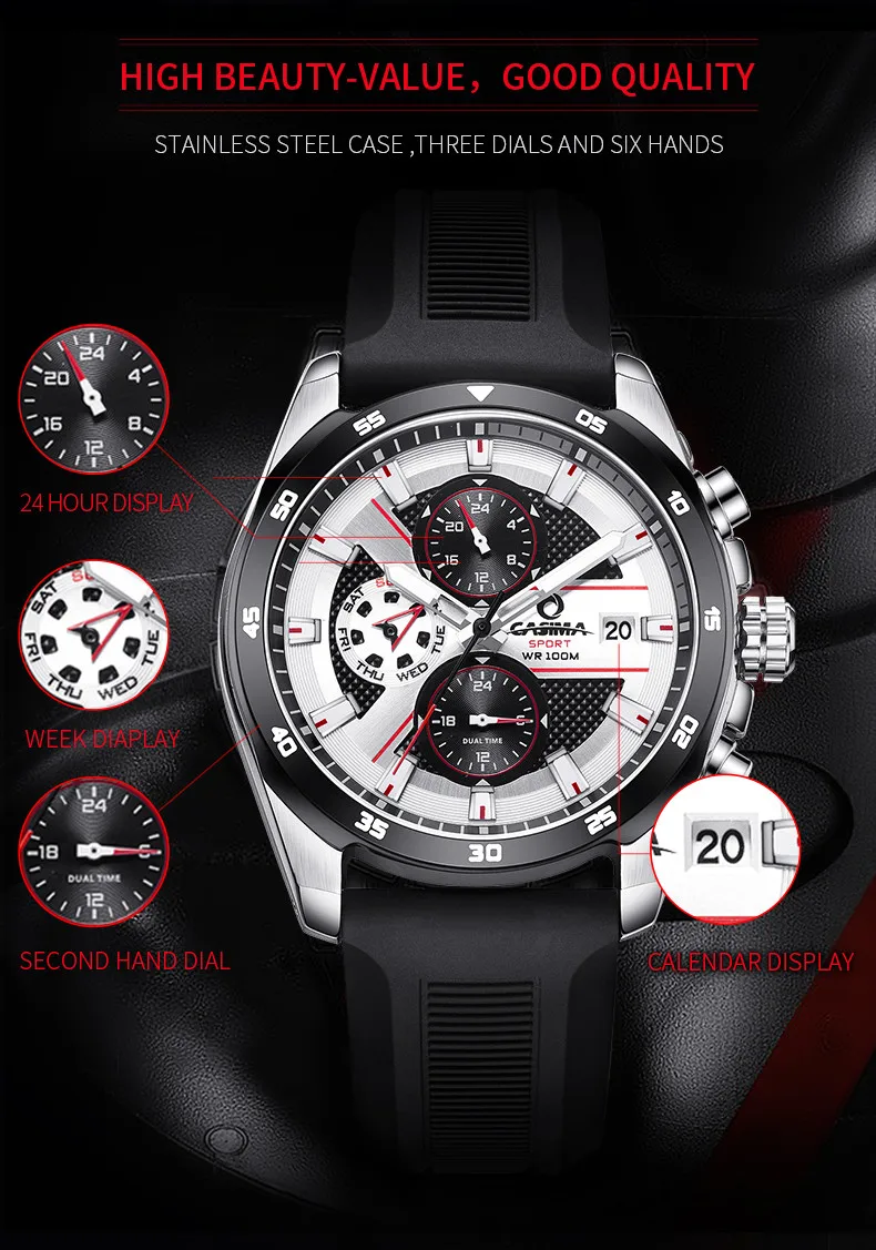 Fashion Luxury Brand Watches Men Casual Charm Cool Sport Men\'s Quartz Wrist Watch Calendar Silicone Waterproof 100m CASIMA 8311