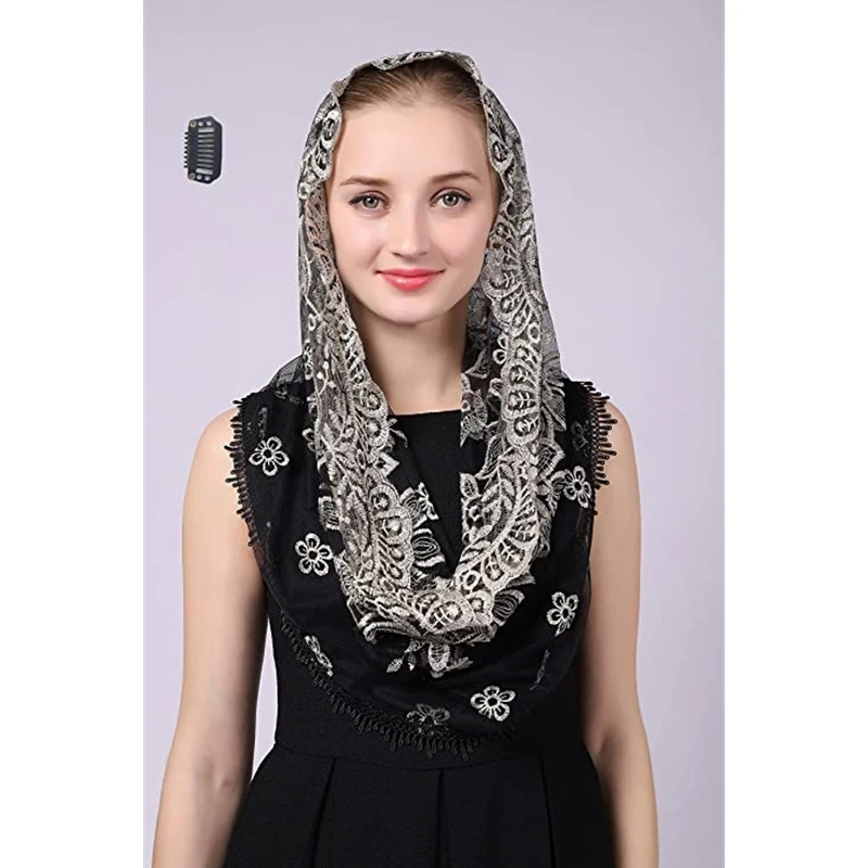 Velos de Mantilla negros y dorados para mujeres, velo de Iglesia Católica para cubrir la cabeza, envoltura de cabeza tradicional, bordado Floral, encaje redondo de tul