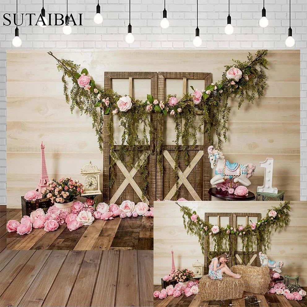 Unicorn Birthday Flowers Background Deco Birthday Girl Wooden Door Children Party Photography Background Custom Birthday Poster