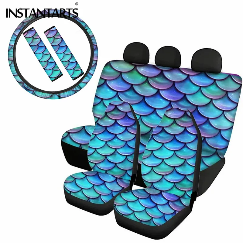 

INSTANTARTS Full Set Bucket Seat Protector fit Most Cars Blue Mermaid Scales 3d Print Vehicle Seat Covers for Women New Trend