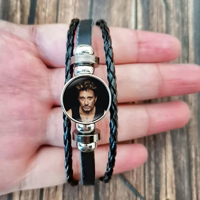 New Johnny Hallyday Leather Bracelet for Men Rock Star Art Poster Glass Button Handmade Bangles Wristband