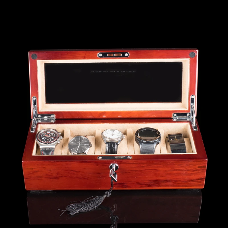 5 Slots Wood Watch Case Storage Box Red Watch Box Organizer With Lock Wooden Watch Display Jewelry Gift Box