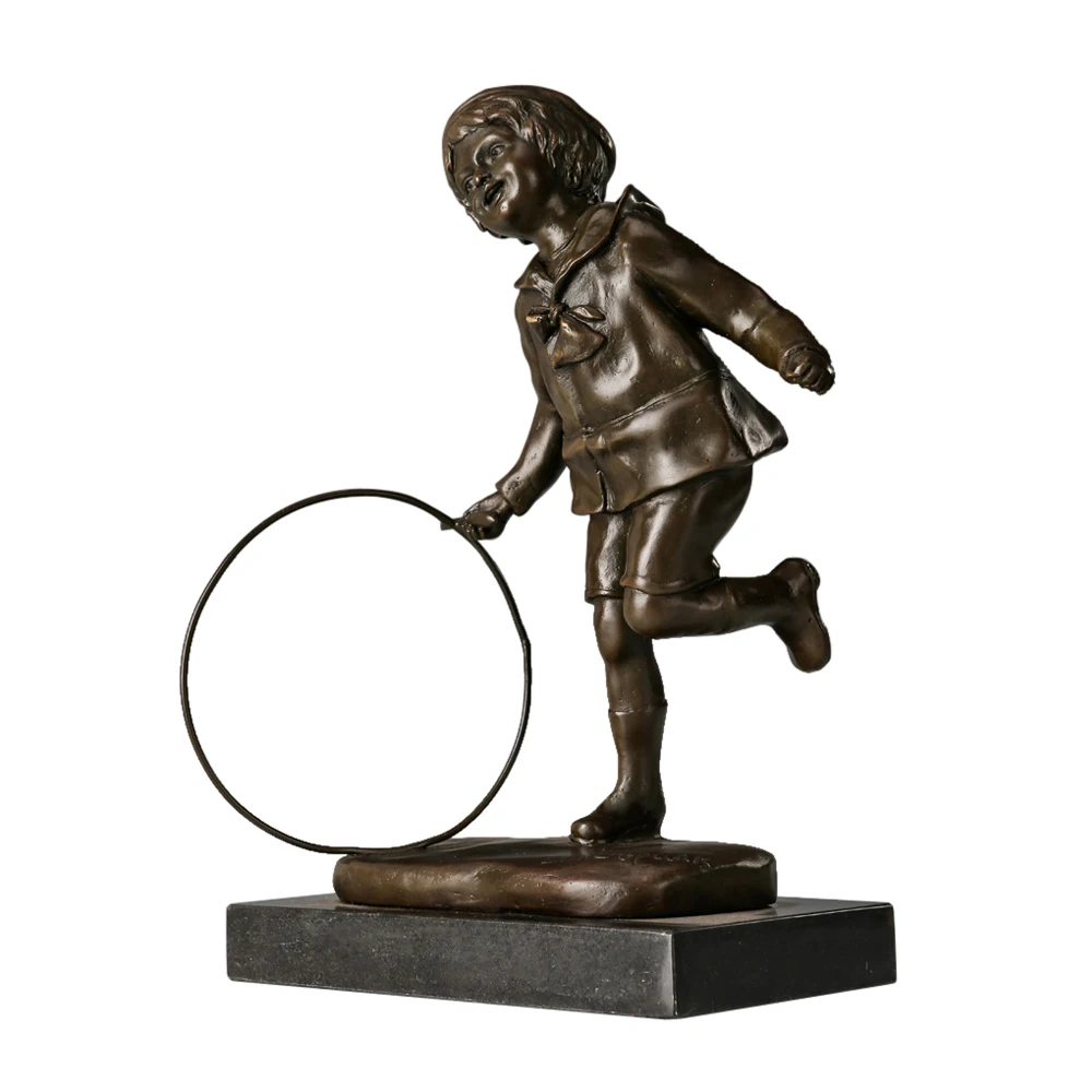 Modern Girl Playing Hoop Sculpture Child Statue Bronze & Green Vintage Kid Figurine Artwork Children Room Decor Gifts