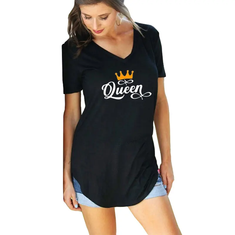 

Fashion Queen Letters Print T-Shirt For Women Pocket T Shirt WomenCotton Short Sleeve V-Neck Tee Tops