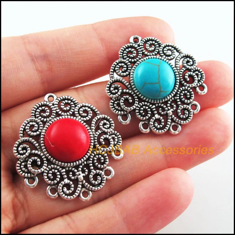 5Pcs Retro Tibetan Silver Tone Flower Heart Blue&Red Stone Charms Connectors 30x31.5mm