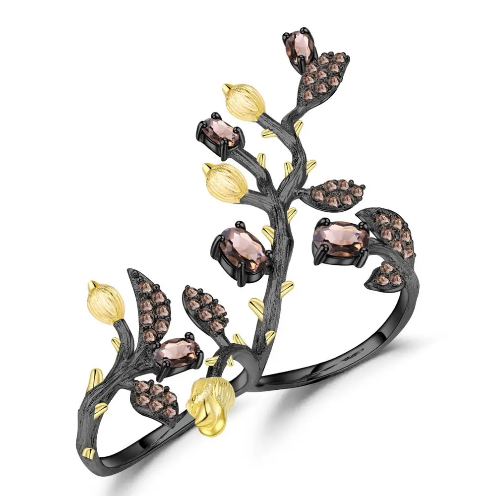 GEM'S BALLET 925 Sterling Silver Branch Tree Double Finger Rings for Women 1.57Ct Natural Smoky Quartz Adjustable Ring Statement