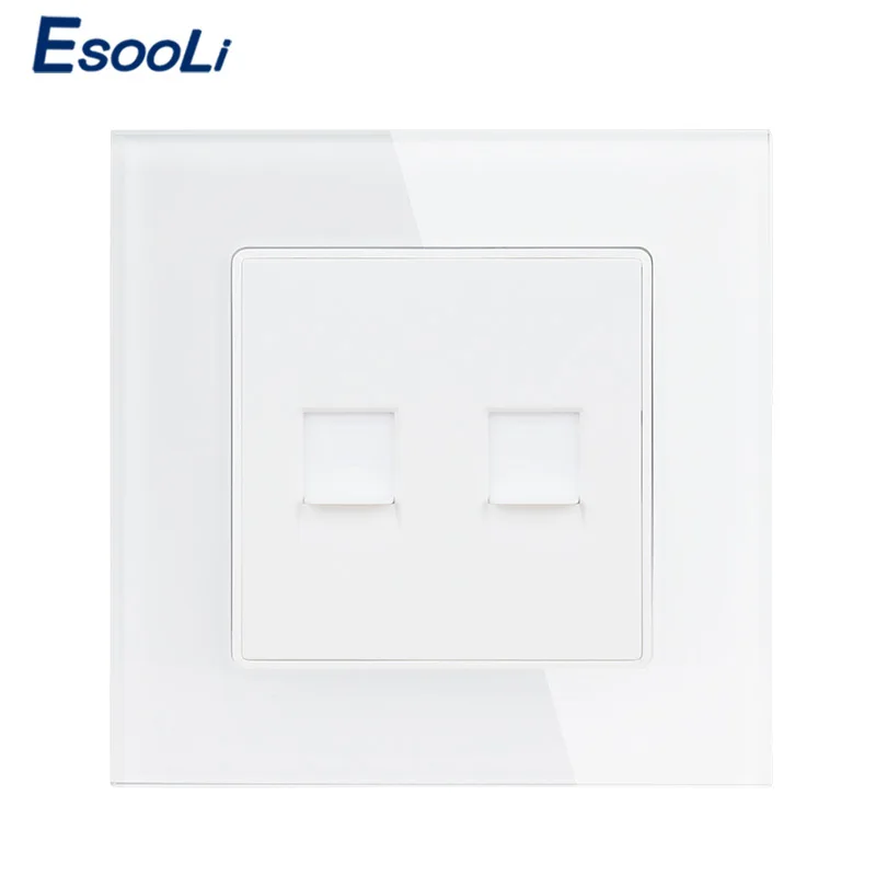 

Esooli White Luxury Crystal Glass Panel Double RJ45 Internet Data Computer Jack CAT5E Connector Outlet Wall Socket