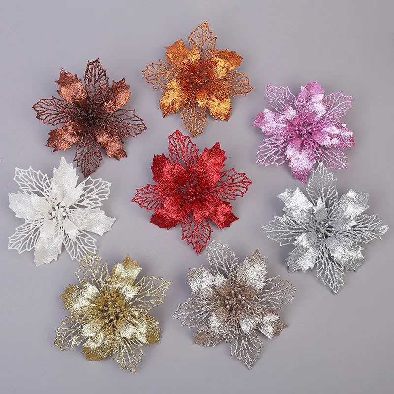 Christmas Tree Decoration Hanging Poinsettia Glitter Flower Xmas Party Tree Colorful Ornament 2024 New Year Decor Fake Flowers