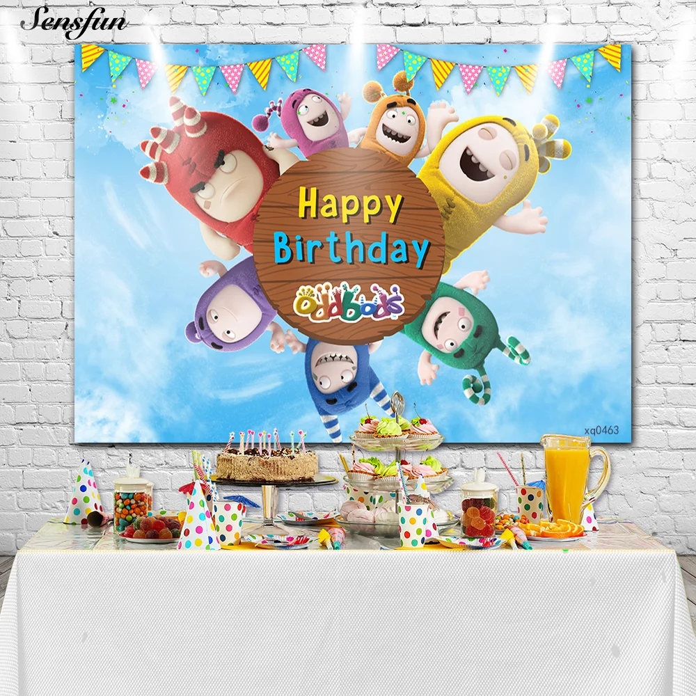 Sensfun-Fondo de fotografía para fiesta temática Oddbods, telón de fondo para foto de Primer Cumpleaños de Niños, vinilo personalizado, Decoración de mesa de pastel, 7x5 pies