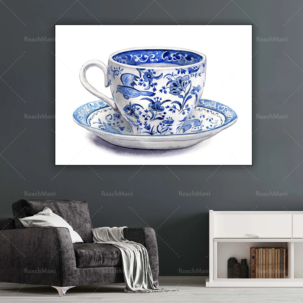 

Chinese style art prints blue and white tea cup prints, Chinese tea cups, mug prints decorate home posters