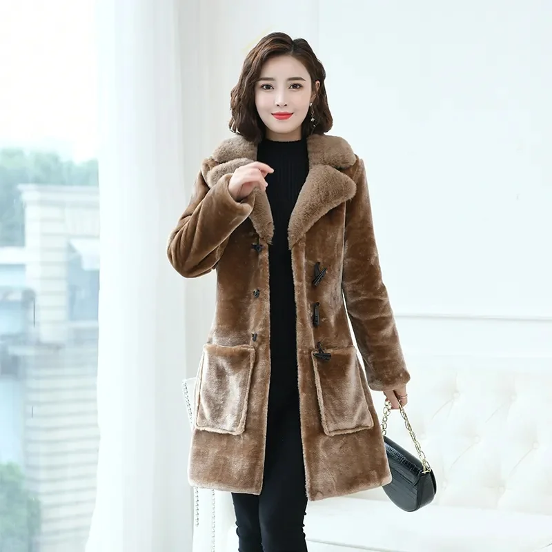 Women Sheep Shearing Mid-length Coat  Fur Autumn Winter New Imitation Fox Fur Collar Slim Korean Loose Fur Jacket A734